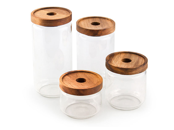 Round Borosilicate Glass Storage Jars with Wooden Lids