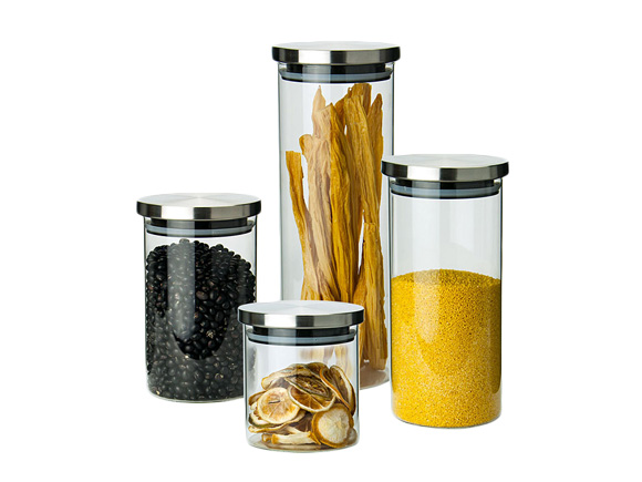 Round High Borosilicate Glass Canisters Stainless Steel Lids