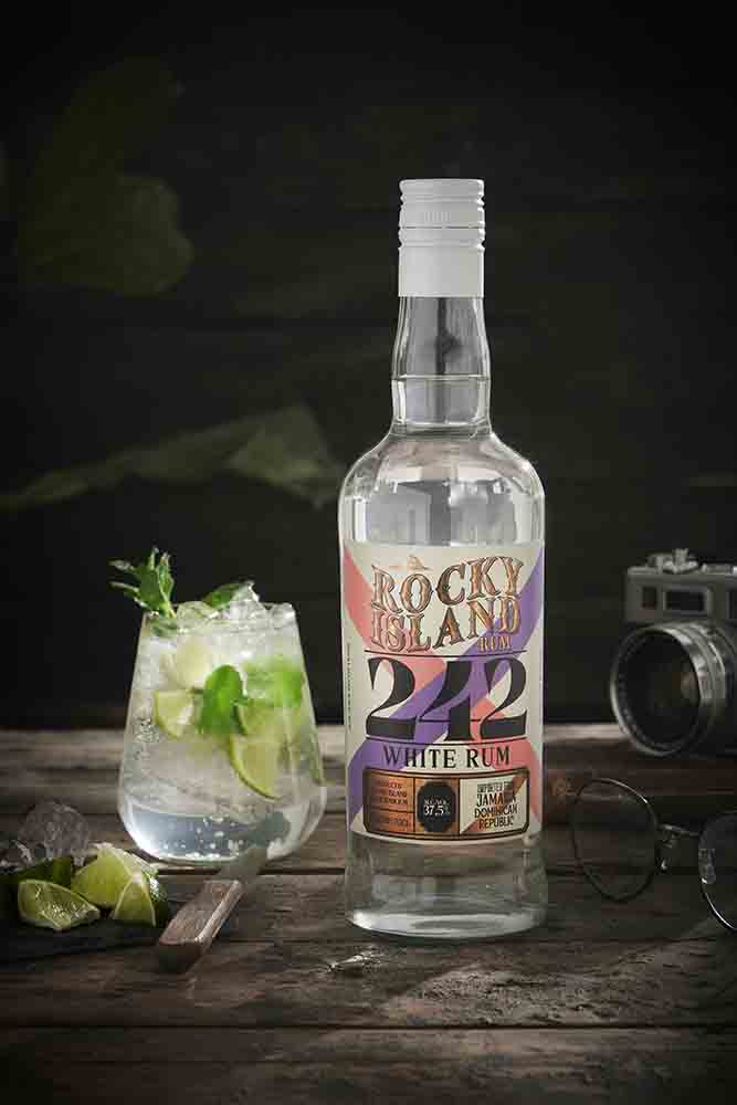 clear glass bottle for white or silver rum