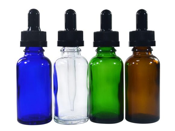 dropper bottles in color blue, clear, green and brown