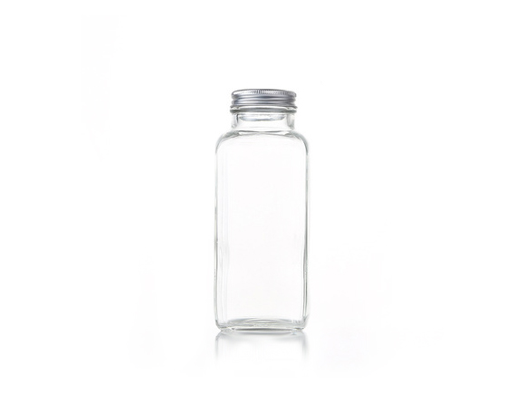 square glass juice bottle with silver aluminum cap wholesale
