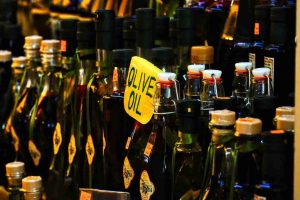 Olive oil in glass bottle