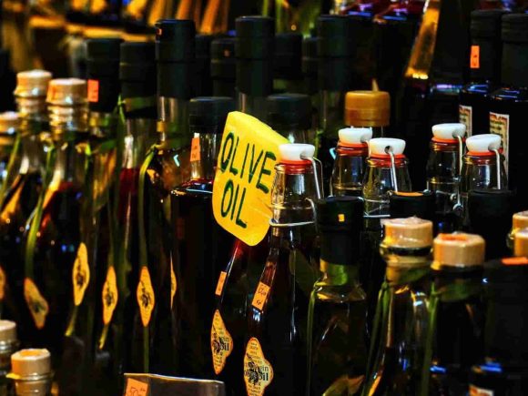 Olive oil in glass bottle
