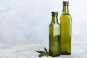 two square glass olive oil bottles
