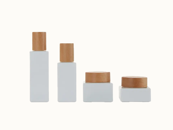 White Glass Lotion Pump Bottle with Wooden Cap Wholesale